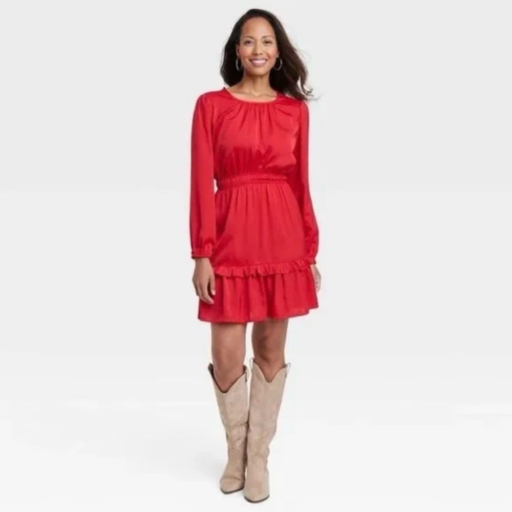 Women’s satin red long sleeve dress with ruffles